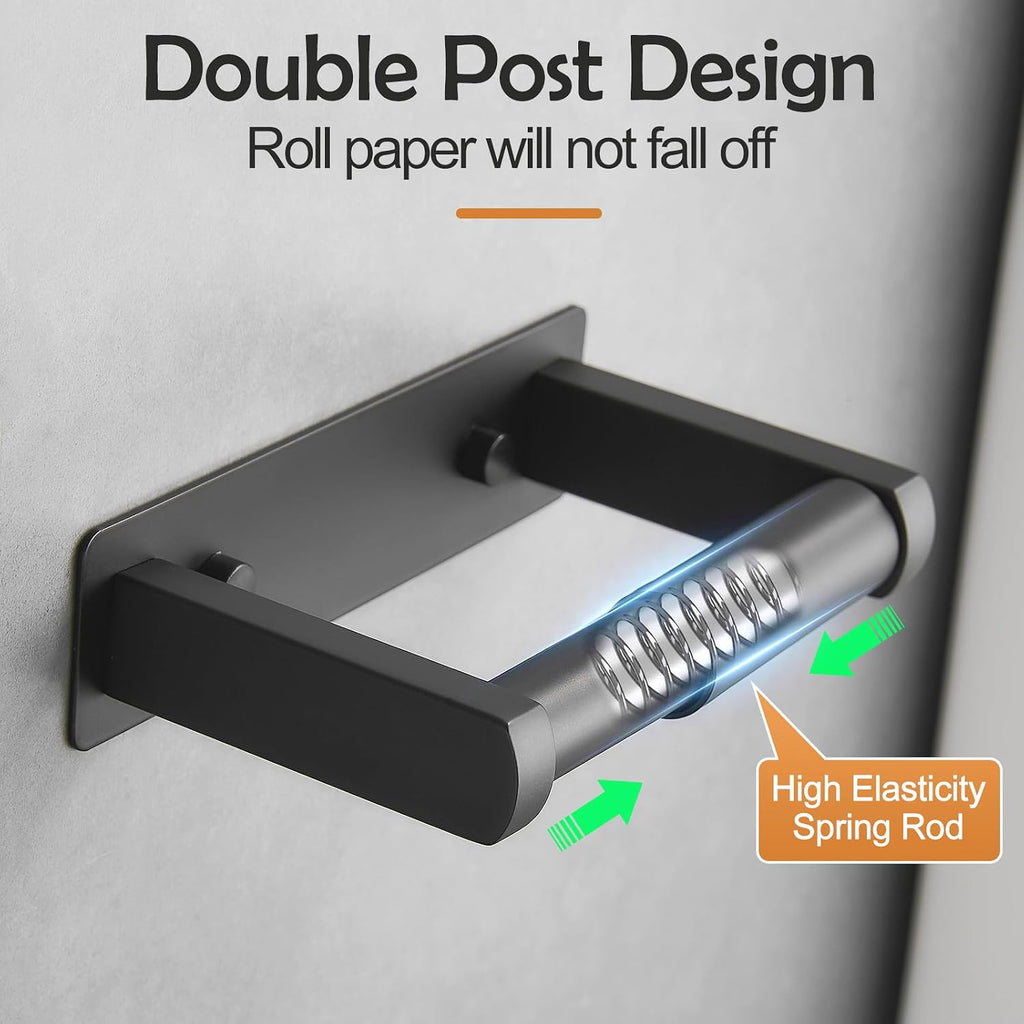 Pokim Matte Black Toilet Paper Holder,Self Adhesive or Screw Wall Mount 304 Stainless Steel Double Post Tissue Holder for Bathroom,Rustproof Heavy Duty Design