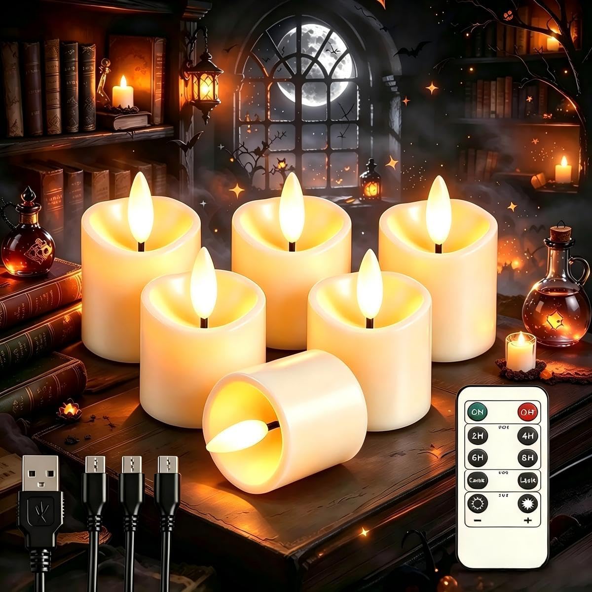 Rechargeable Flameless Tea Light Candles with Timer Remote, 1.5"x2.2" Electric Fake Flickering Votive Candles for Anniversary Wedding Centerpiece Table Decor Funeral Halloween Christmas (6 Pack)