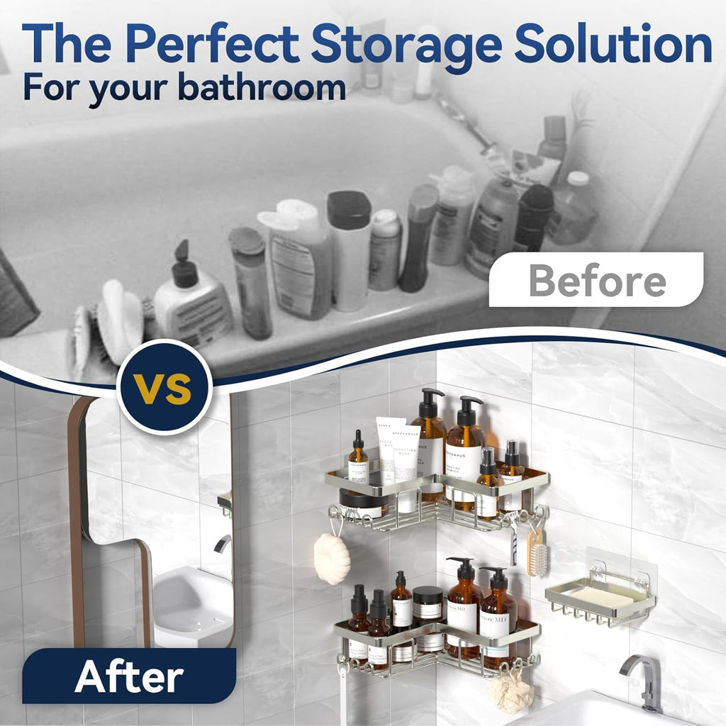 YASONIC Corner Shower Caddy, 3-Pack Adhesive Shower Caddy with Soap Holder and 12 Hooks, Rustproof Stainless Steel Bathroom Organizer, No Drilling Wall Mounted Shower Rack, Nickel