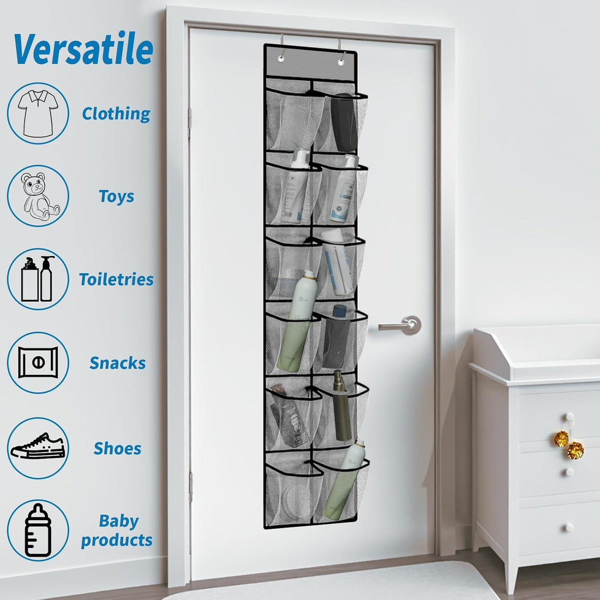 MSLOVE Narrow Over The Door Shoe Organizer, 12 Large Mesh Pockets Hanging Shoe Organizer for Closet Organizers and Storage, Grey, 2 Pack