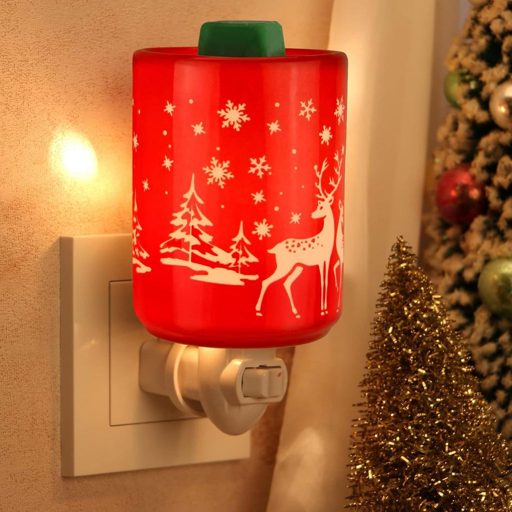 STAR MOON Pluggable Fragrance Ceramic Wax Melt Night Light Warmer for Christmas Decoration No fire Hazard Packed with Two Bulbs - Abrasive Red Reindeer