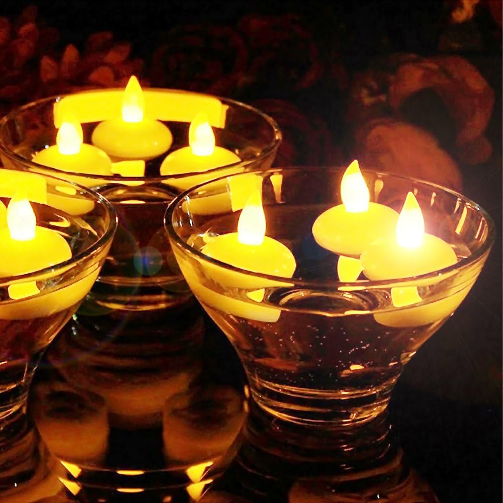 Novelty Place 24Pcs Waterproof Flameless Floating Tealights, LED Floating Candles Warm Yellow Flickering Tea Lights - Battery Operated Candles Decoration for Wedding, Christmas, Party, Pool, Pond