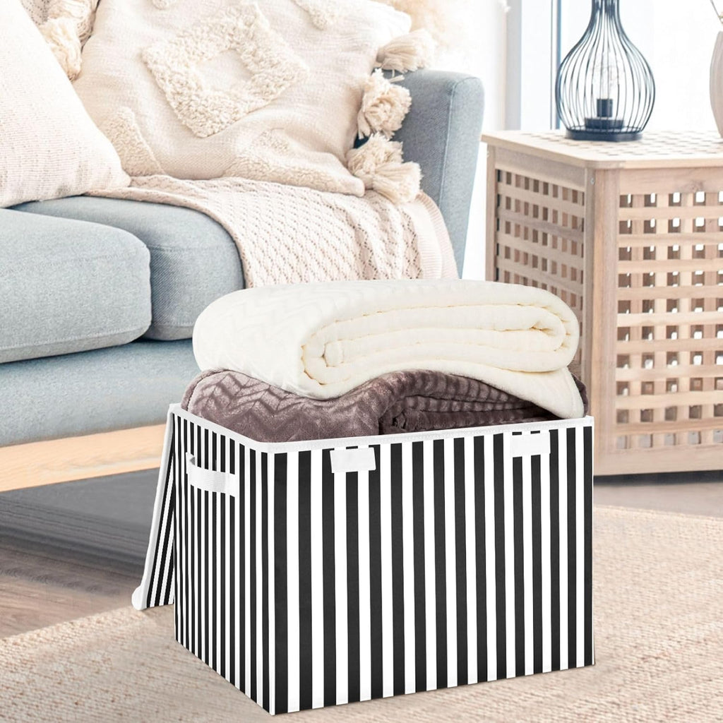 CaTaKu Black and White Striped Storage Bins with Lids Fabric Large Storage Container Cube Basket with Handle Decorative Storage Boxes for Organizing Clothes Shelves