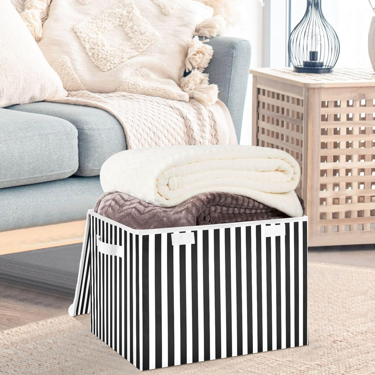 CaTaKu Black and White Striped Storage Bins with Lids Fabric Large Storage Container Cube Basket with Handle Decorative Storage Boxes for Organizing Clothes Shelves