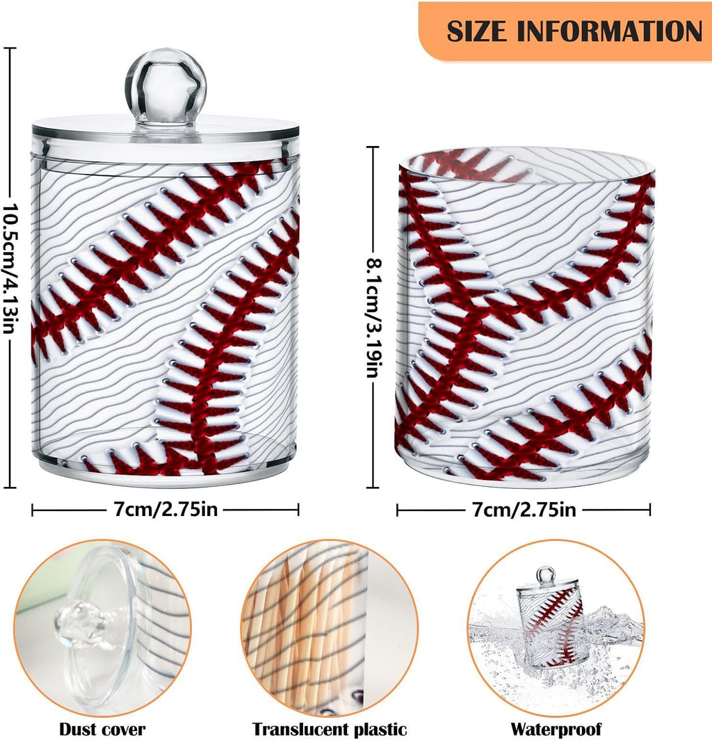 Sport Baseball Print 2 Pack Qtip Holder Dispenser Clear Plastic Apothecary Jar with Lid Bathroom Organizer Vanity Makeup Storage Containers for Cotton Ball, Cotton Swab, Floss