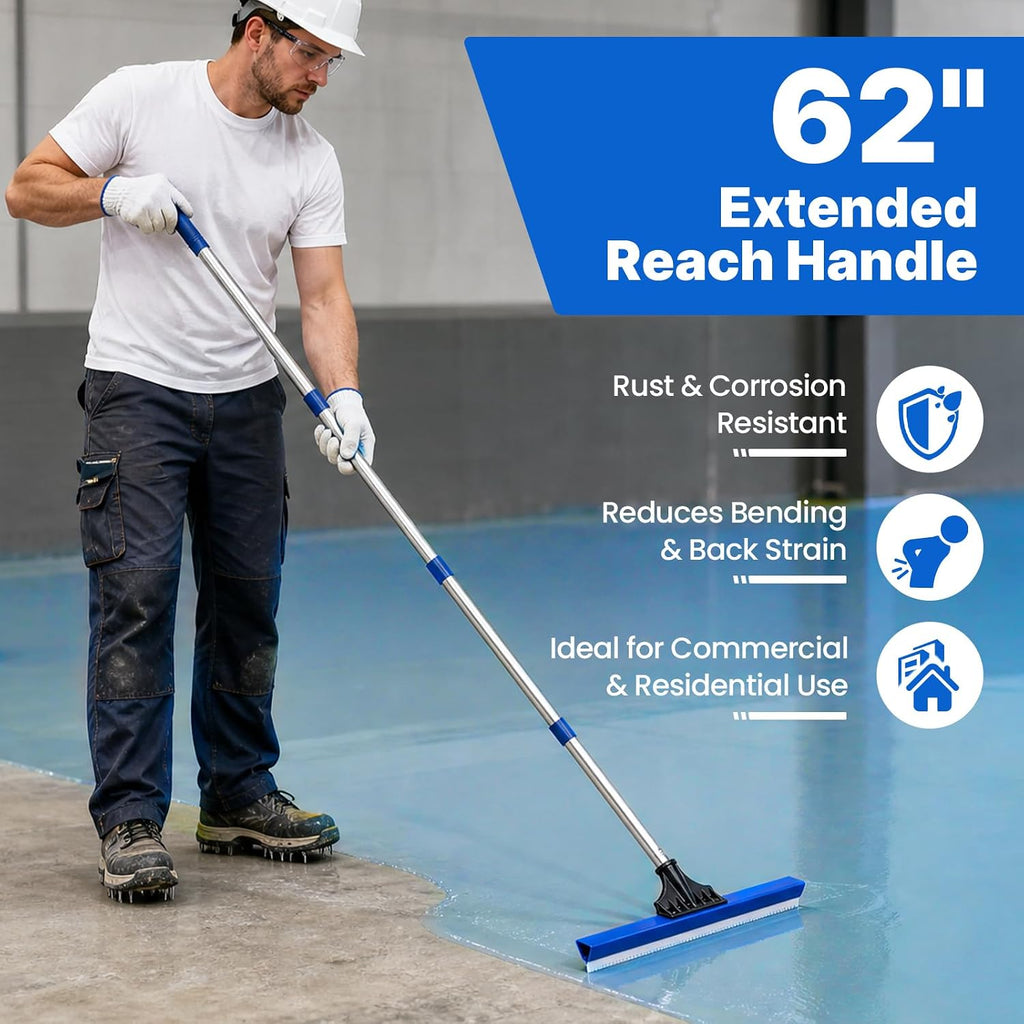 16" Notched Epoxy Floor Squeegee with 62" Long Handle for Coatings, Sealers