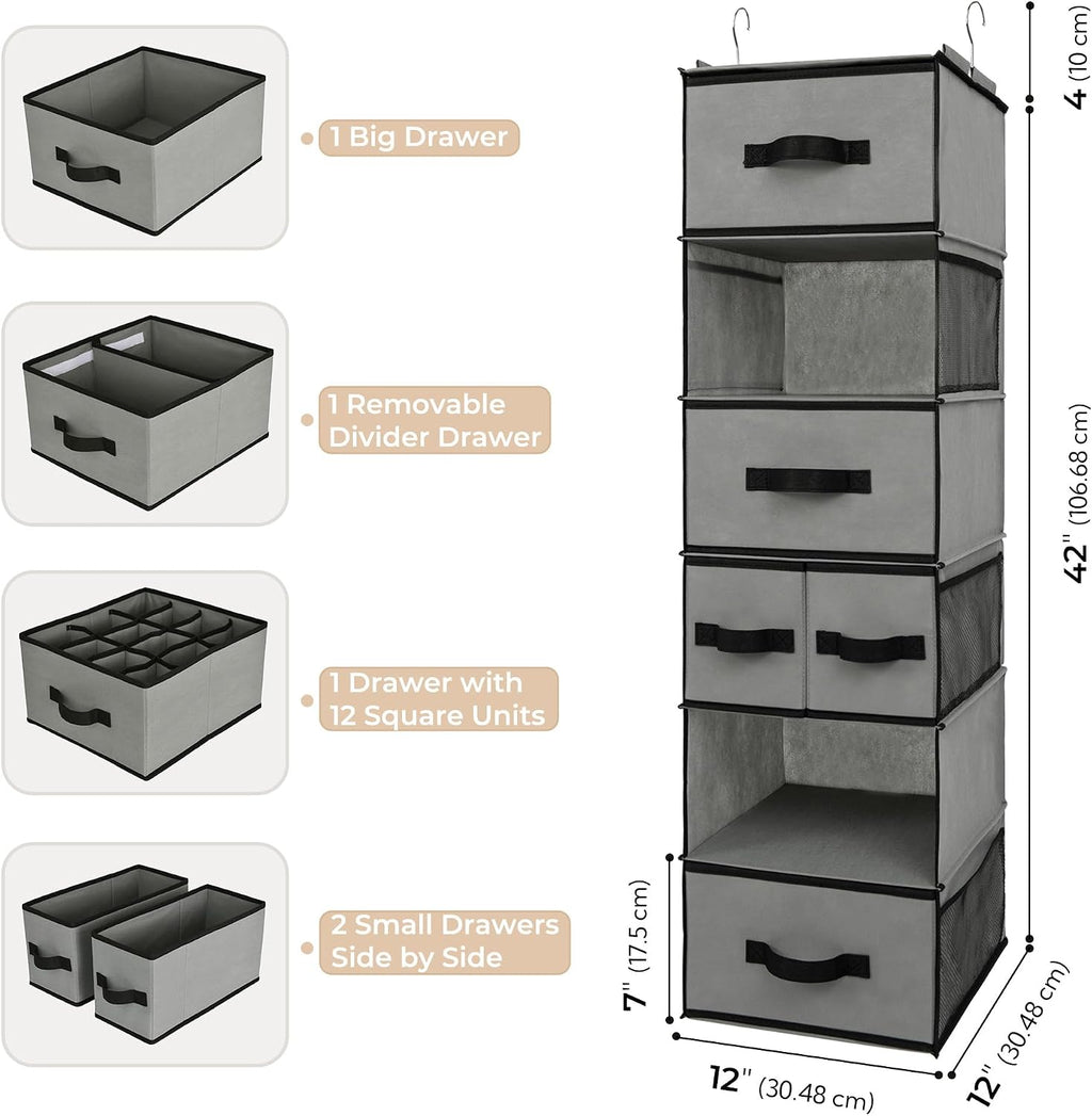 GRANNY SAYS Hanging Closet Organizer, 5 Drawers, 6 Shelves, 6 Pockets, Gray