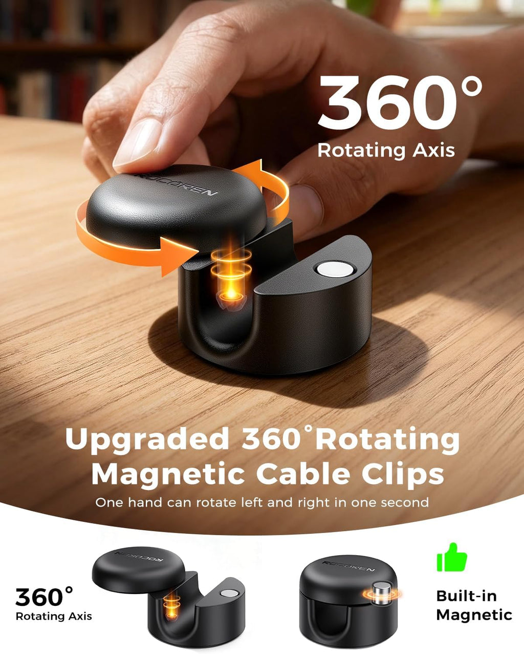 Rocoren 9 Pack Magnetic Cable Clips 360° Rotating Adhesive Cord Holder