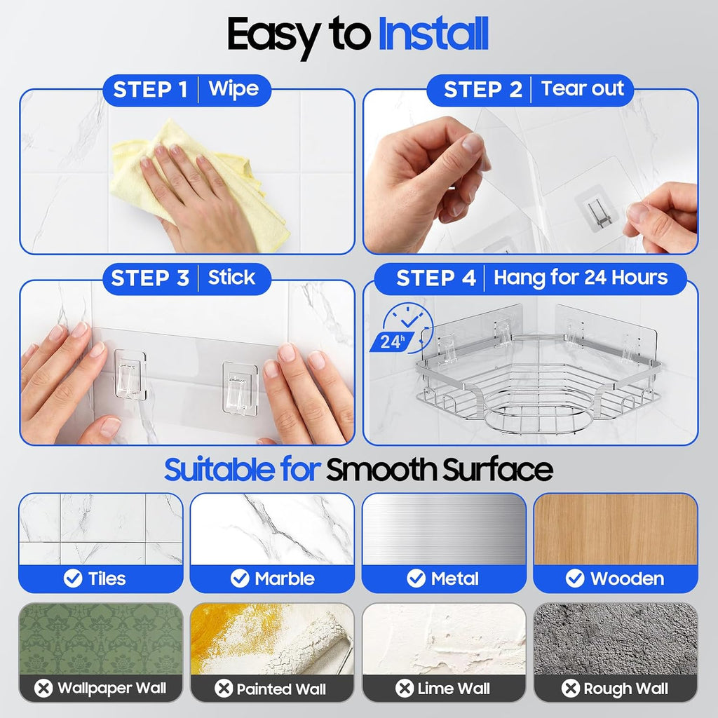 Corner Shower Caddy, Rustproof Shower Organizer with Soap Holder and 8 Hooks, No Drilling Adhesive Shower Shelves for Inside Shower, Large Capacity Shower Rack for Bathroom Shower Storage, Sliver