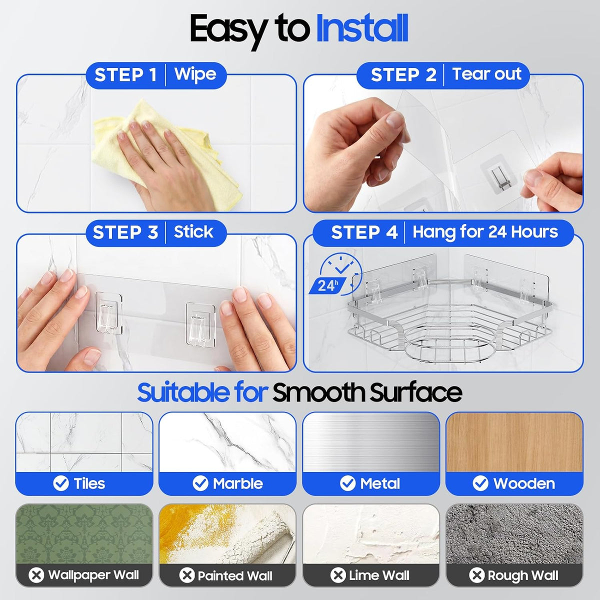 Corner Shower Caddy, Rustproof Shower Organizer with Soap Holder and 8 Hooks, No Drilling Adhesive Shower Shelves for Inside Shower, Large Capacity Shower Rack for Bathroom Shower Storage, Sliver