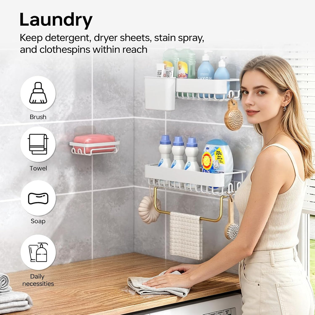 KINGRACK Shower Caddy Adhesive 4-Piece Rust-Resistant Shower Shelves, No-Drill Bathroom Shower Organizer with Large Capacity for Bathroom, Kitchen, and Laundry,White