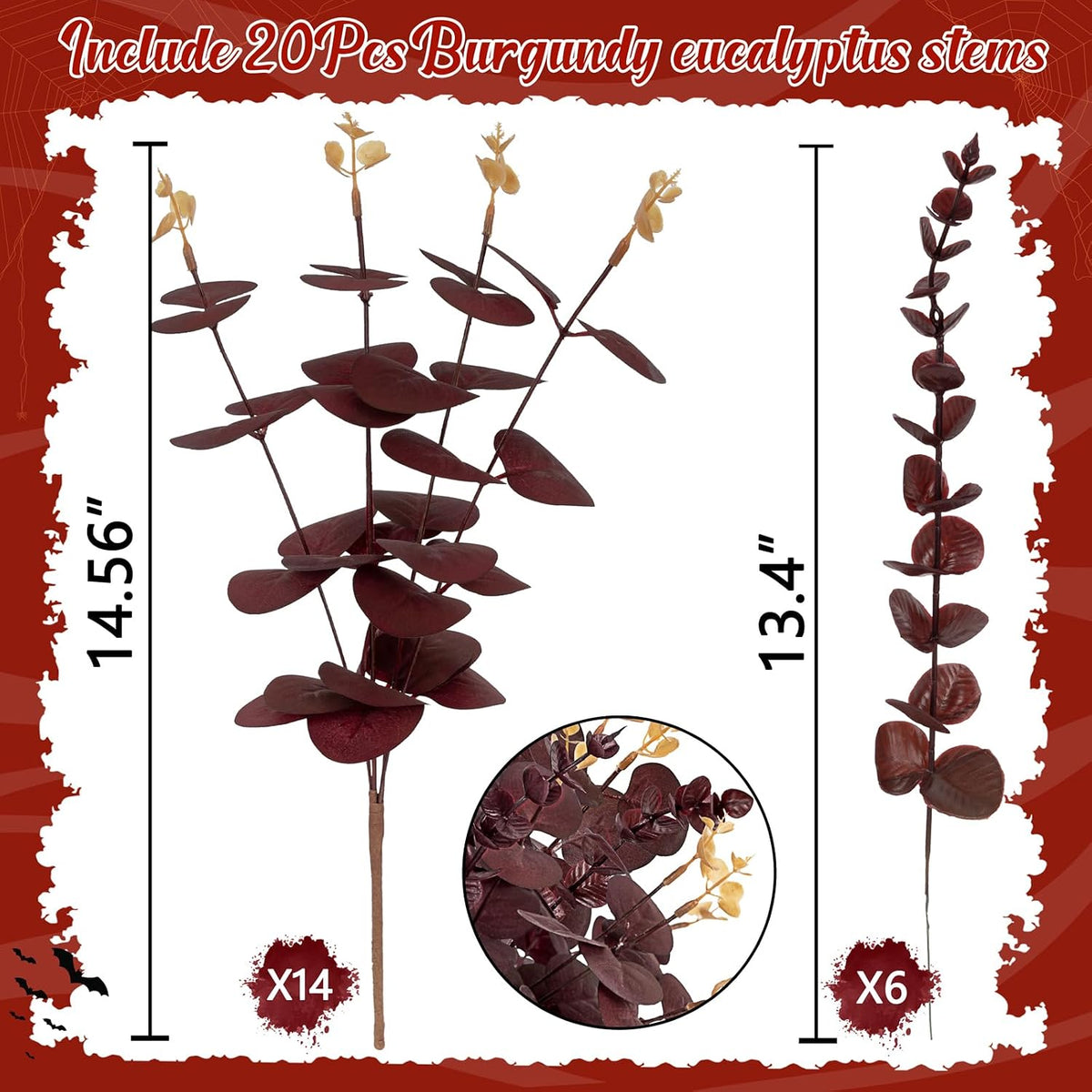 Yen Jean 20PCS Dark Wine Red Halloween Eucalyptus Stems Artificial Fake Flowers Bulk Decorations, Burgundy Branches for Indoor Table Centerpieces Party Supplies