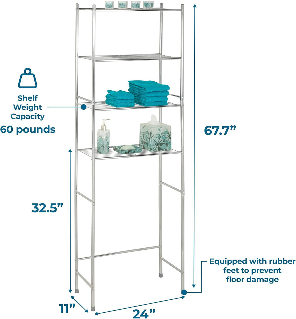 Honey-Can-Do 4-Tier Over-The-Toilet Storage Shelf - Space-Saving Steel Bathroom Restroom Organizer with Neutral Chrome Finish, Ideal for Towels, Toiletries, & Essentials - 24"W x 68"H x 11"D