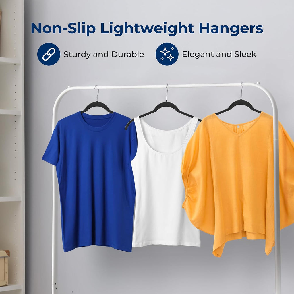 SereneLife 50 Pack Velvet Clothes Hangers | Organize Shirts, Dresses & Coats with Ease | Non-Slip Velvet, Recycled ABS, 360° Swivel Hook, Lightweight 0.2-Inch Slim Profile, 8 Lbs Capacity | Black
