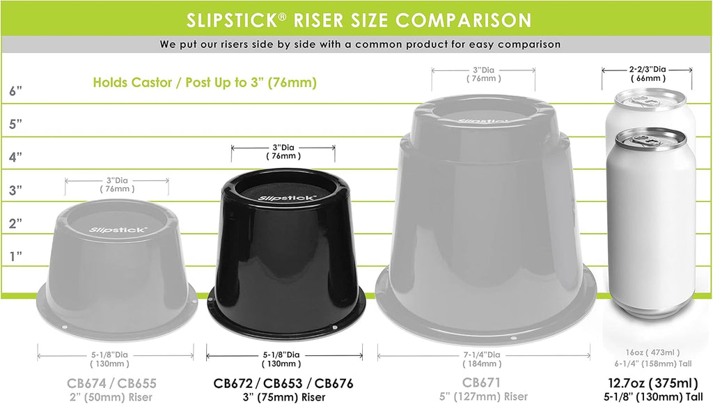 Slipstick CB672 Premium 3 Inch Bed Risers/Furniture Raisers with Steel Reinforced Caster Wheel Holder Top, Lifts Height 3" (4 Pack) Supports 2,640 Pounds, Black, Stackable with CB671