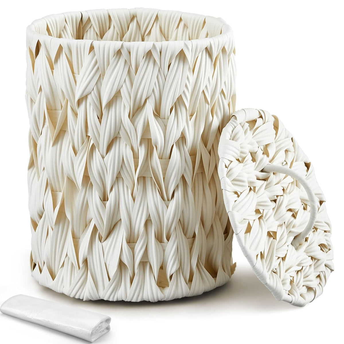 Ctosree 1.3 Gal Boho Woven Trash Can with Lid, Cream White