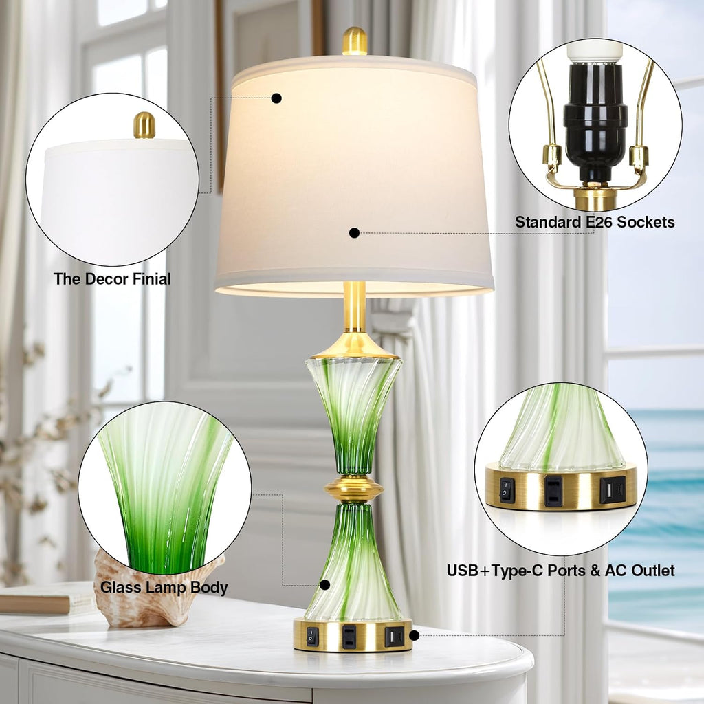 Rinweey Green Glass Table Lamp Set of 2 with USB C+A Ports & AC Outlet, Bedside Lamp, Modern Bedroom Lamps, Coastal Lamp for Night Stands Bedroom Living Room,Nightstand Lamp LED Bulbs Included