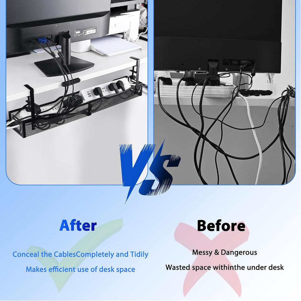 Under Desk Cable Management Tray 25.3 Inch, Clamp-On Cable Organizer Box for Standing Desks, No Drill Cord Management Under Desk, Large Desk Wire Organizer for Office & Home, Black