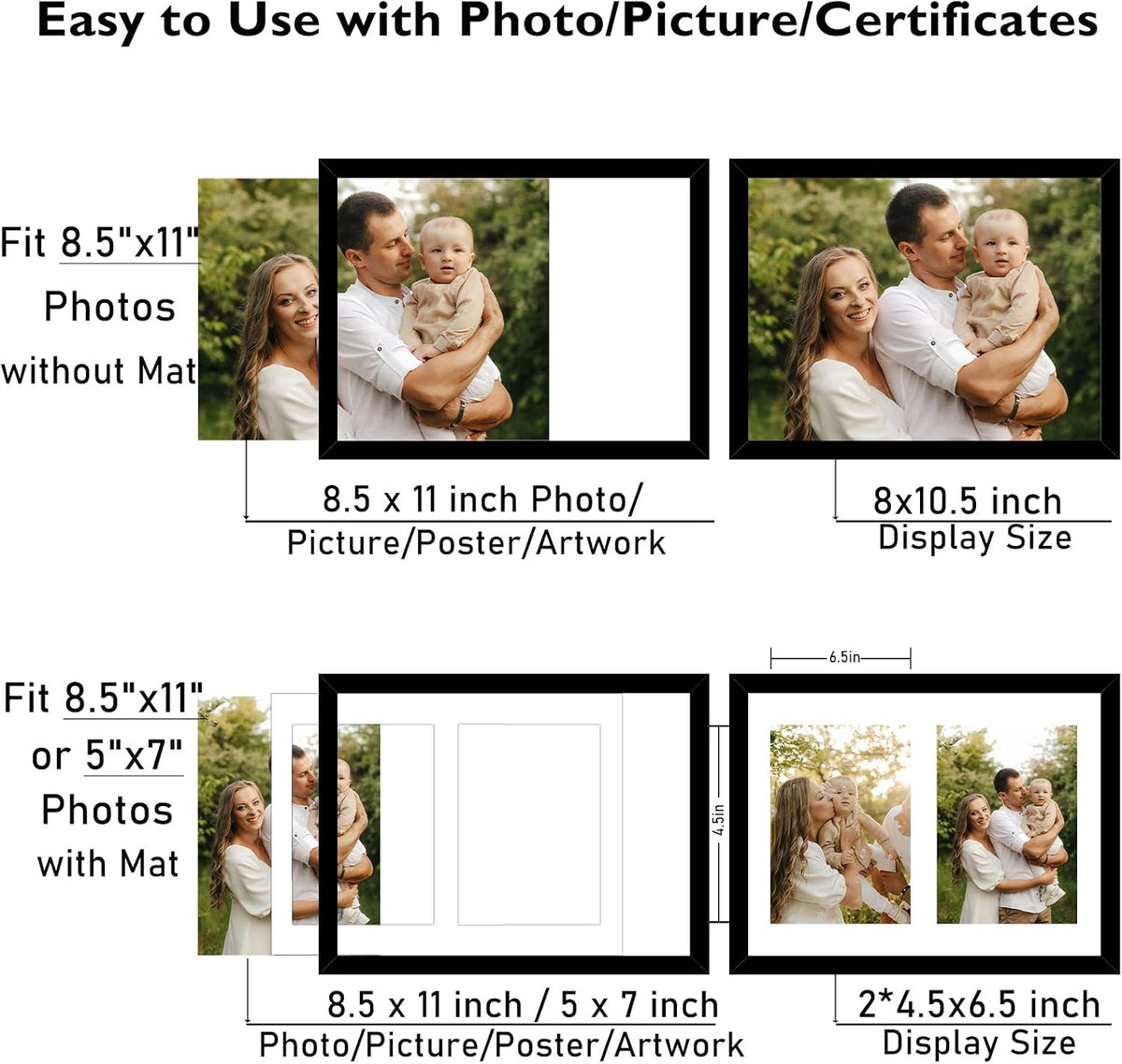 JCJMY 8.5x11 Double 5x7 Collage Picture Frame with Mat, Display 2 5x7 Photos or 8.5x11 Picture, Lightweight Two Opening 5 x 7 Photo Frame Collage for Wall Hanging or Tabletop, Black
