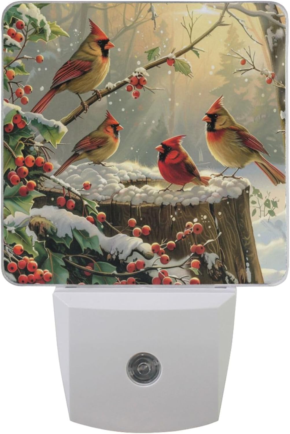 Vdsrup Winter Cardinal Birds Night Light Set of 2 Holly Berry Branches Snow Plug-in LED Nightlights Christmas Decorations Auto Dusk-to-Dawn Sensor Lamp for Bedroom Bathroom Kitchen Hallway Stairs