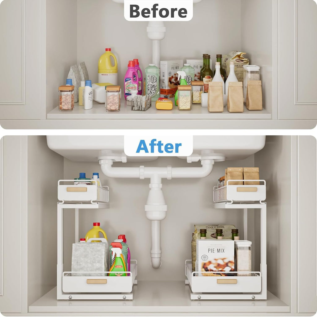 Under Sink Organizer Kitchen - Upgraded Professional Rails, 2 Tier Dual Pull Out Cabinet Storage, Height Adjustable Under Sink Storage, Metal Sliding Drawer for Kitchen & Bathroom, White, 1 Pack