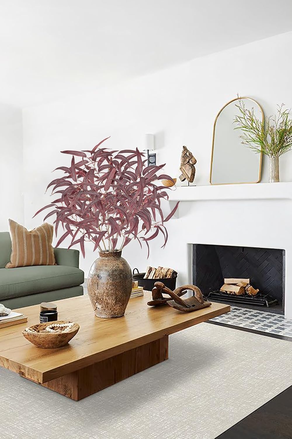 Briful Artificial Eucalyptus Branches Fall Decor, 6PCS Burgundy Fake Eucalyptus Stems, Realistic Faux Greenery Stems for Autumn Thanksgiving Halloween Home Farmhouse Porch Vase Decor, Indoor Outdoor