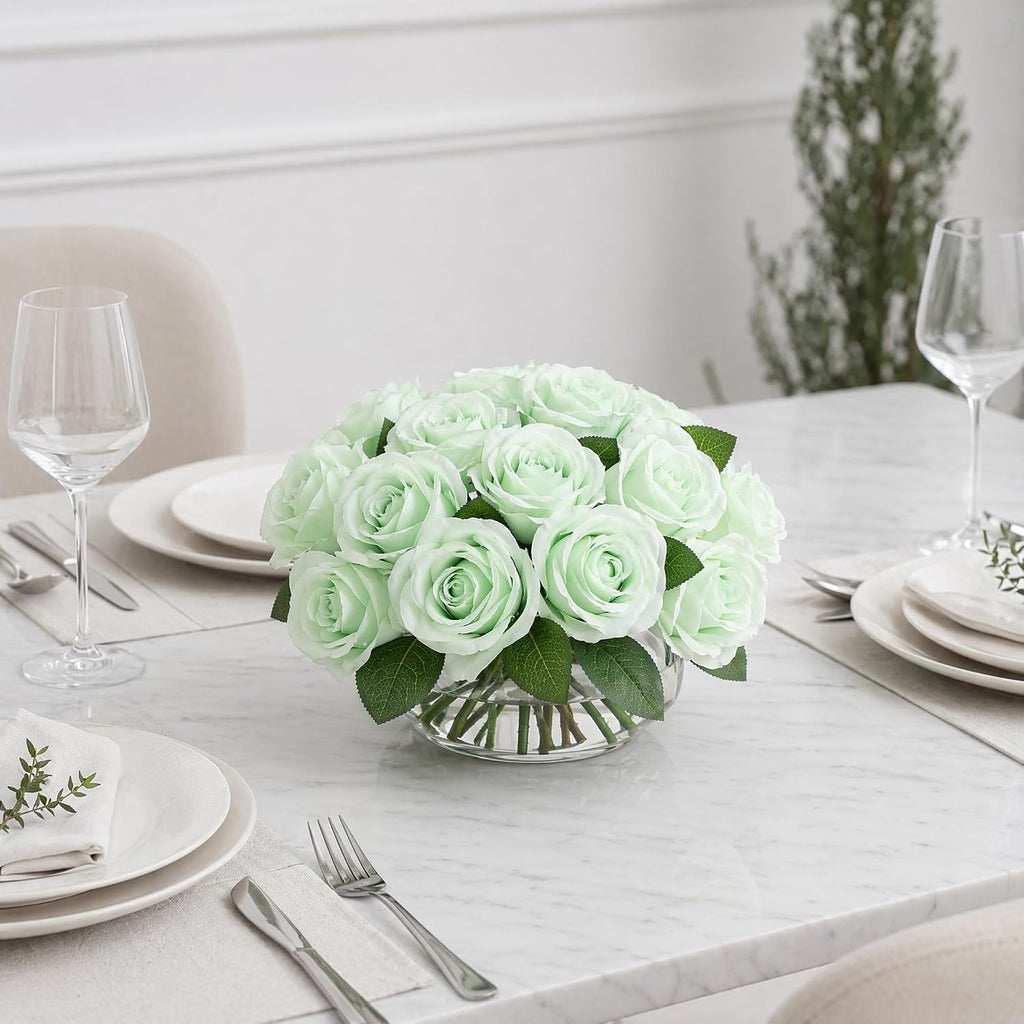 LVEFIT 30 Pcs Light Green Fake Roses Artificial Flowers Faux Flowers
