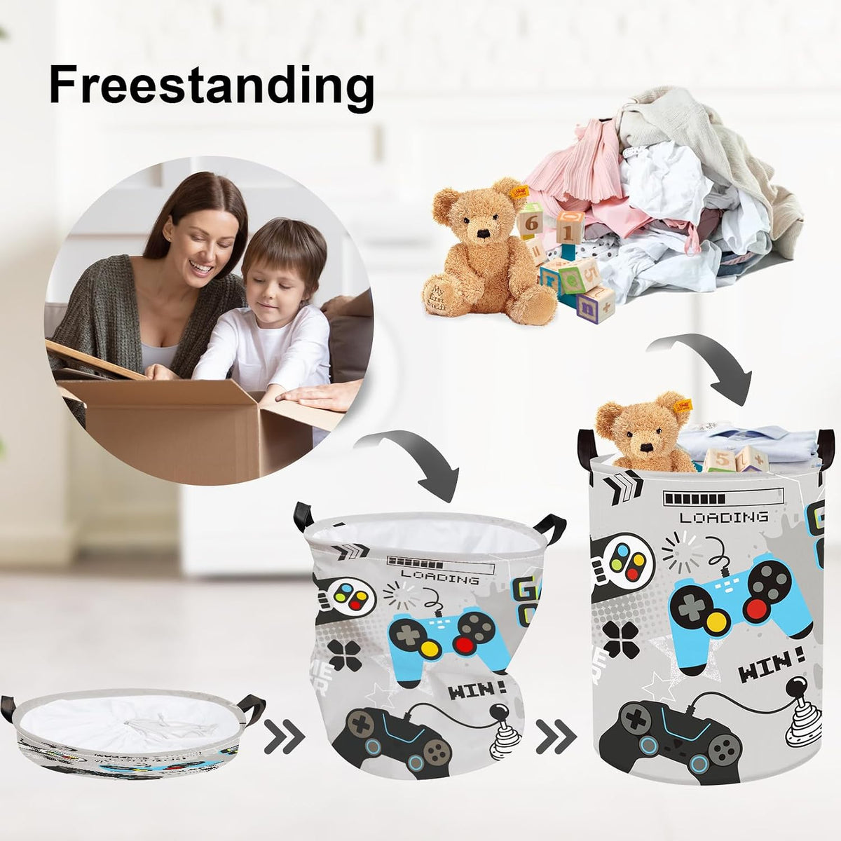 Clastyle Video Game Kid Storage Basket Foldable Boy Laundry Hamper, 45L