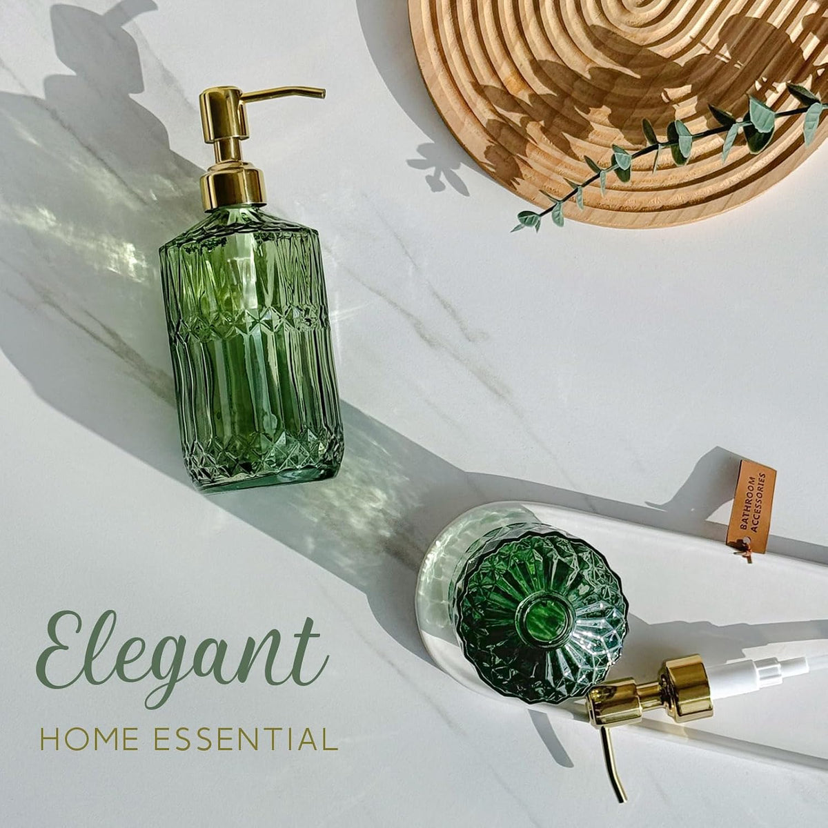 JASAI 2Pack 18Oz Green Glass Soap Dispenser with Gold Rust Proof Pump