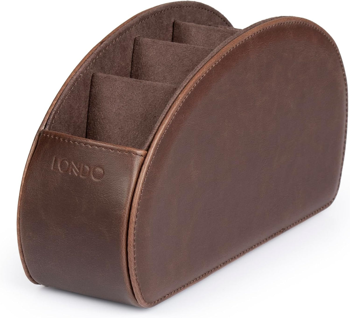 Londo PU Vegan Leather Remote Control Holder with 5 Pockets, Nightstand Caddy & Bedside Organizer for TV, DVD, Blu-Ray, Roku, Apple TV Remotes, Phones, Glasses — Suede Lined Gift for Dad, Dark Brown