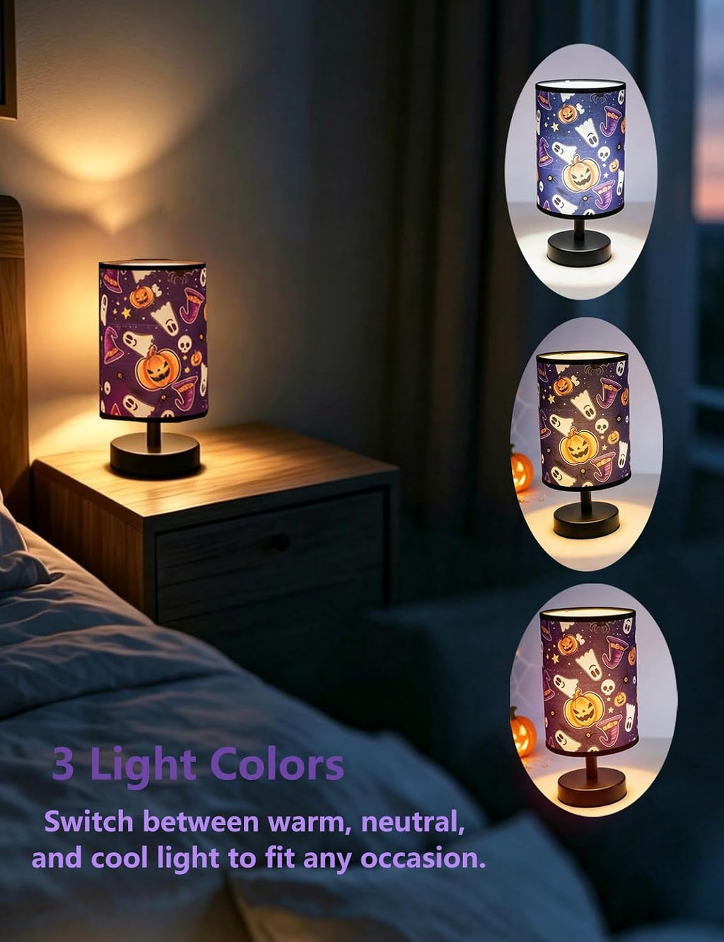 Halloween Pumpkin Witch Table Lamp 3 Color LED US Plug Night Light Decor