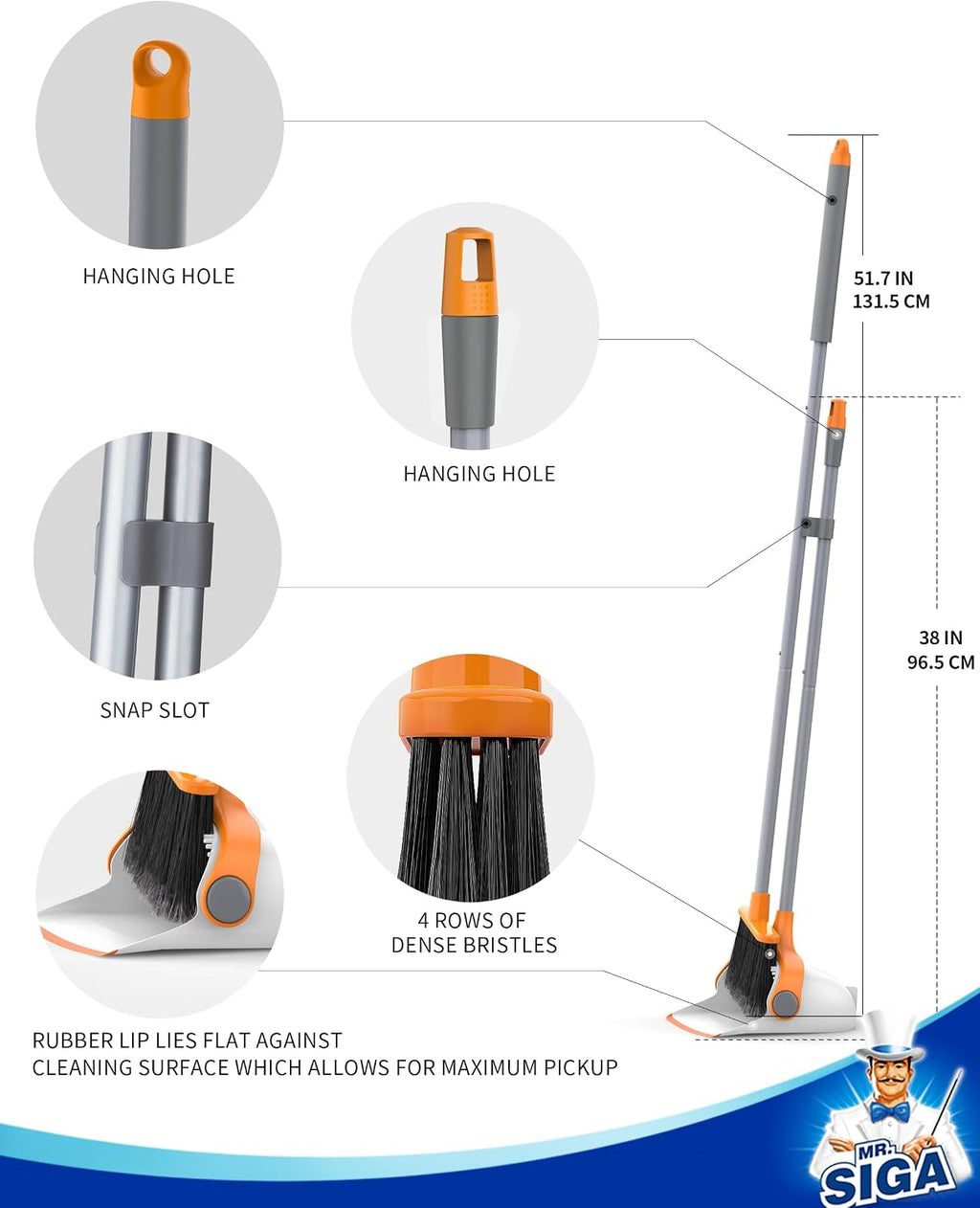 MR.SIGA Broom and Dustpan Set with Adjustable Long Handle, White & Orange
