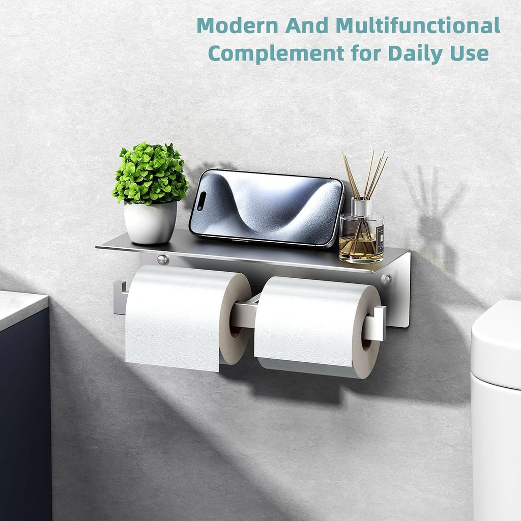 Angle Simple Double Toilet Paper Holder with Shelf, Brushed Nickel