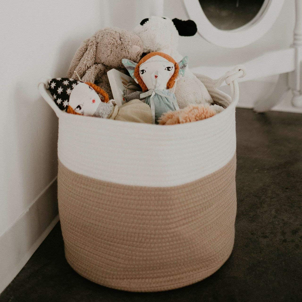 Parker Baby Co. Rope Storage Basket, Large Nursery Storage Bin - White/Tan