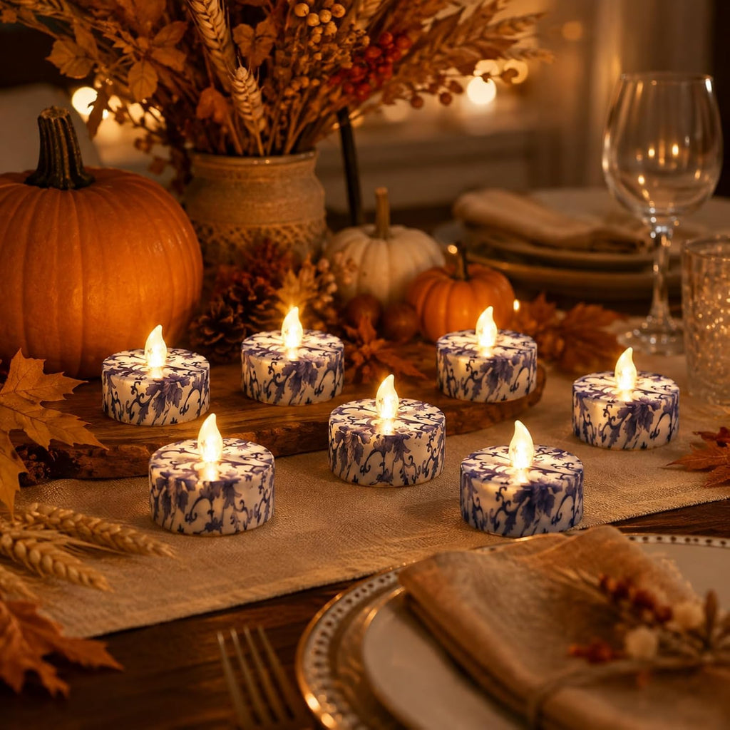 Flameless Tea Lights with Remote & Timer, 12 Pack Blue and White Floral LED Tealight Candles, Battery Operated Dimmable Flickering Lights for Wedding Home Decor