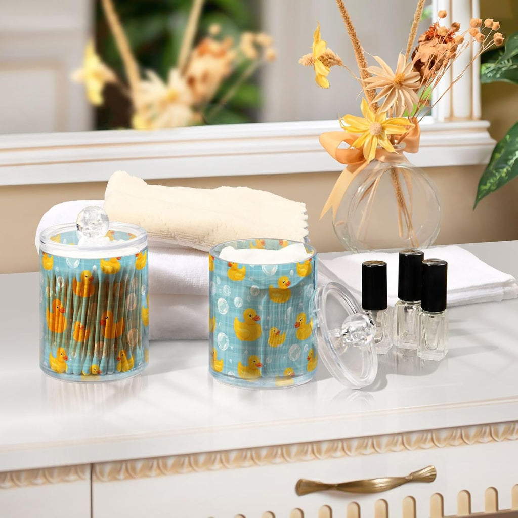 2 Pack Qtip Holder Dispenser Yellow Ducks Soap Bubbles Blue Apothecary Jars with Lids Dog Plastic Acrylic Bathroom Vanity Countertop Canister Storage Organizer for Cotton Ball,Swabs,Pads,Floss