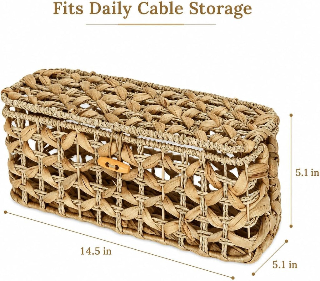 Handwoven Cable Management Box with Lid, Decorative Cord Organizer Basket for Power Strip, Charger, Router and USB Hub, Rectangular Cable Hider for Home Office Desk Shelf