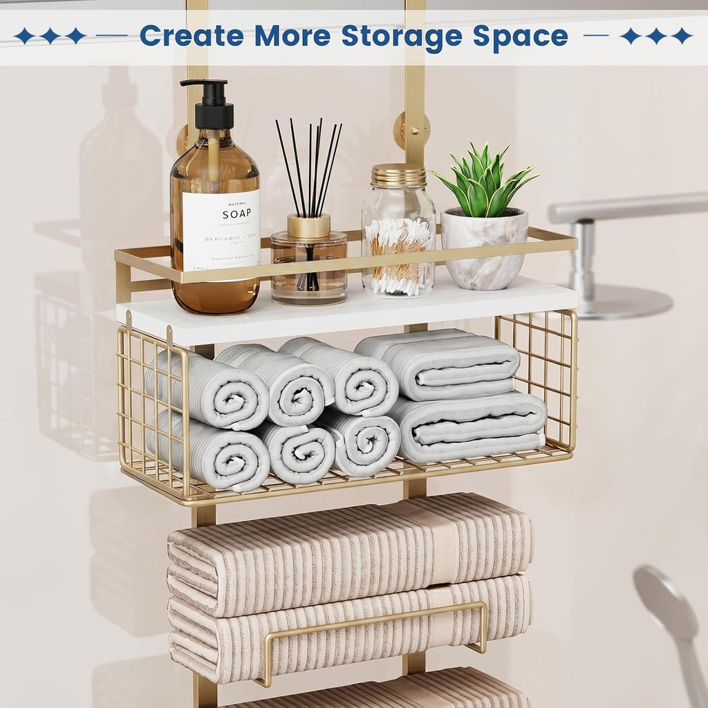 Aetyord Towel Racks for Bathroom Over The Door Towel Racks Towel Storage Organizer with Metal Shelf Basket for Bathroom Rv Camper (7-Tier Gold)