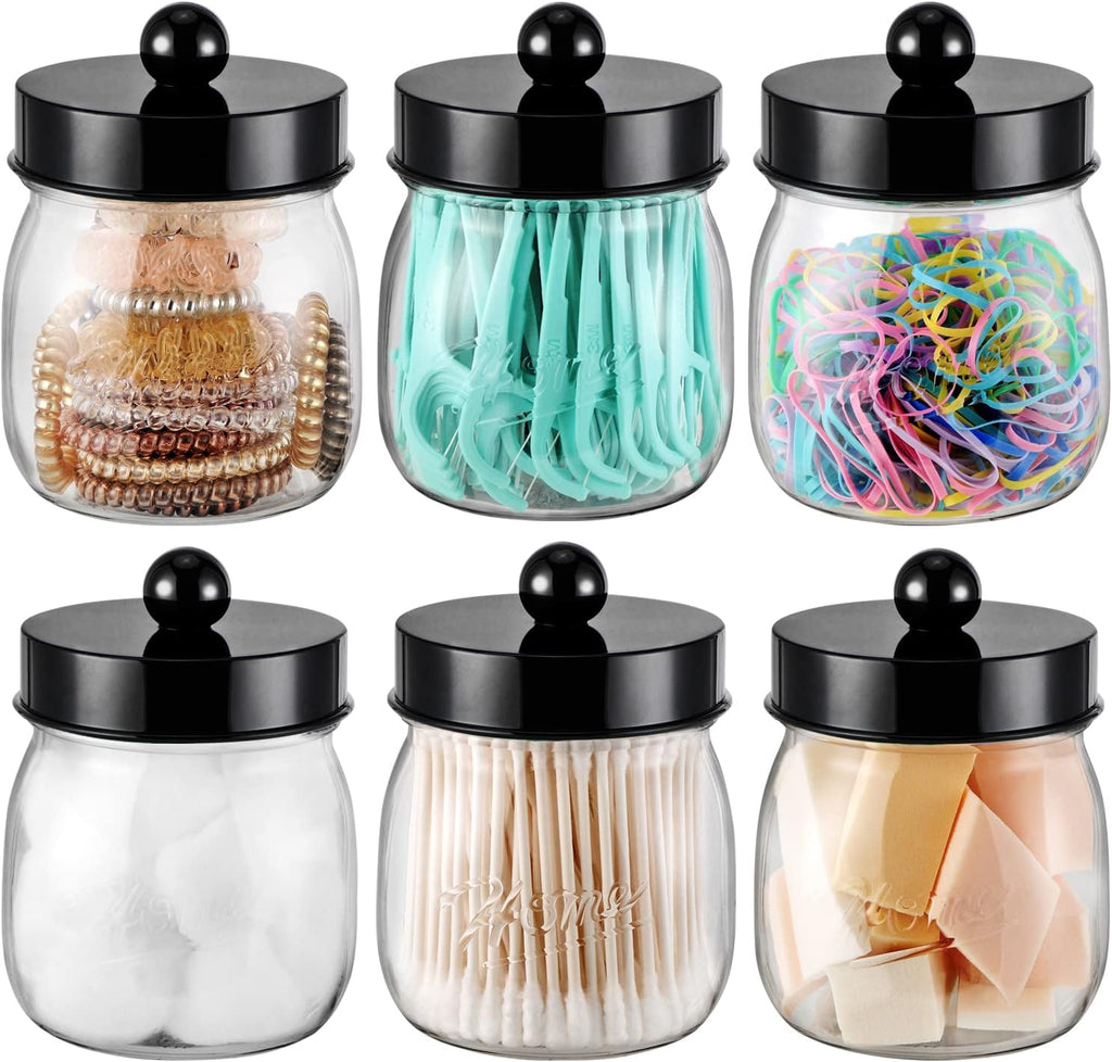SheeChung 6 Pack Acrylic Mason Jar Qtip Holder Dispenser with Labels, Black