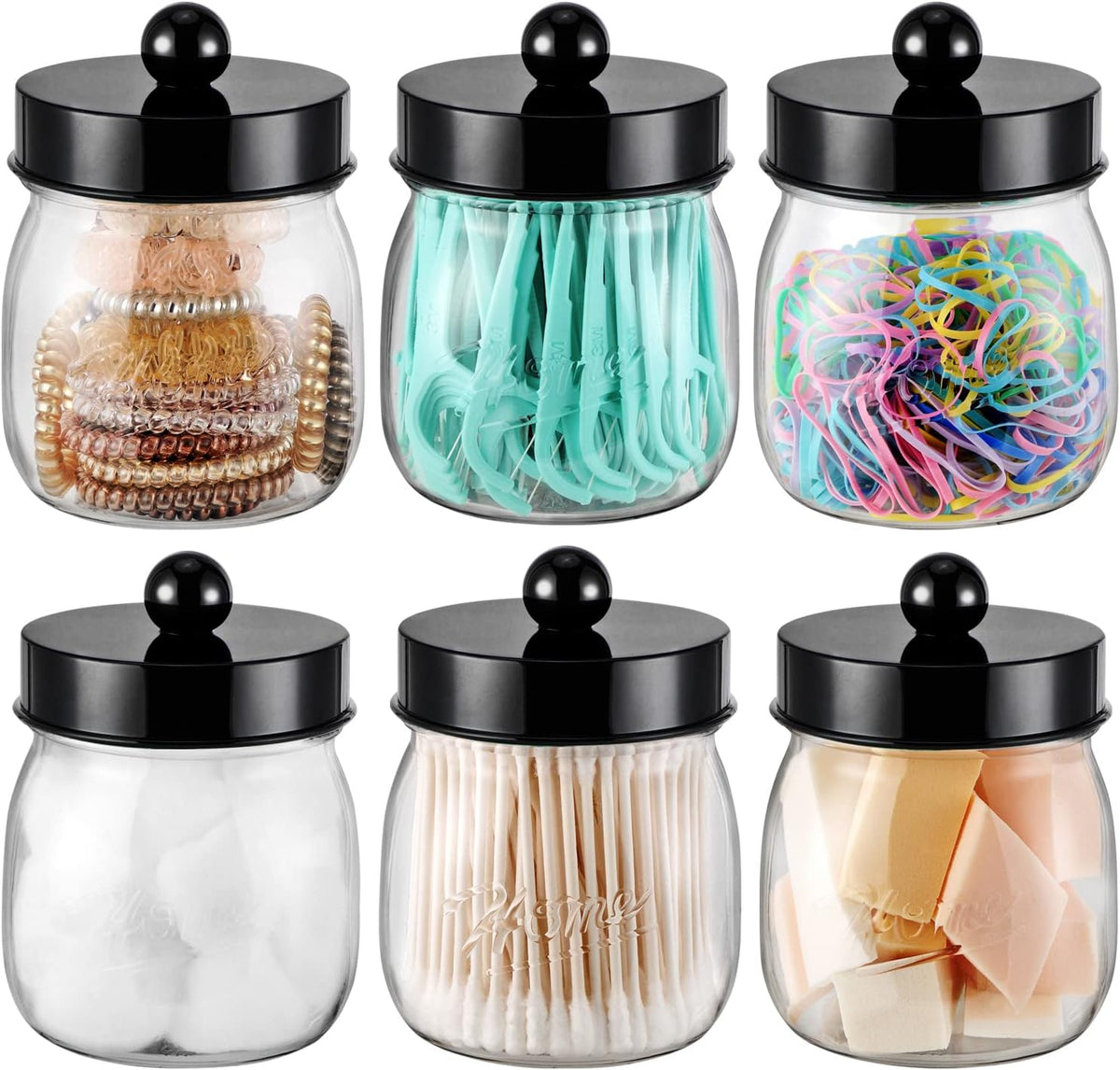 SheeChung 6 Pack Acrylic Mason Jar Qtip Holder Dispenser with Labels, Black