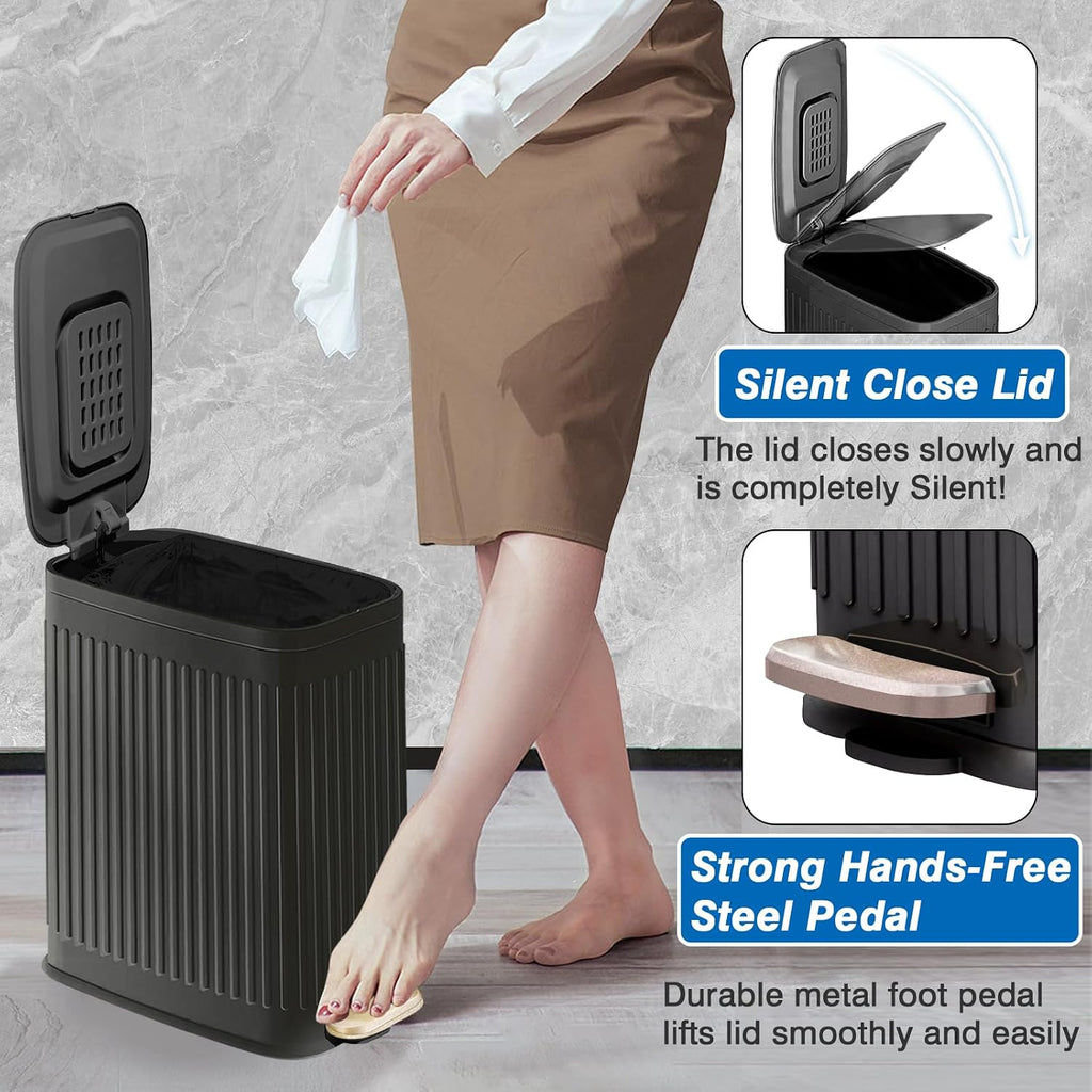 Small Bathroom Trash Can with Air Freshener Soft Close Lid, 6 Liter/ 1.6 Gallon Stainless Steel Garbage Can with Removable Inner Bucket, Step Pedal, Slim Wastebasket for Bedroom, Toilet, Office,Black