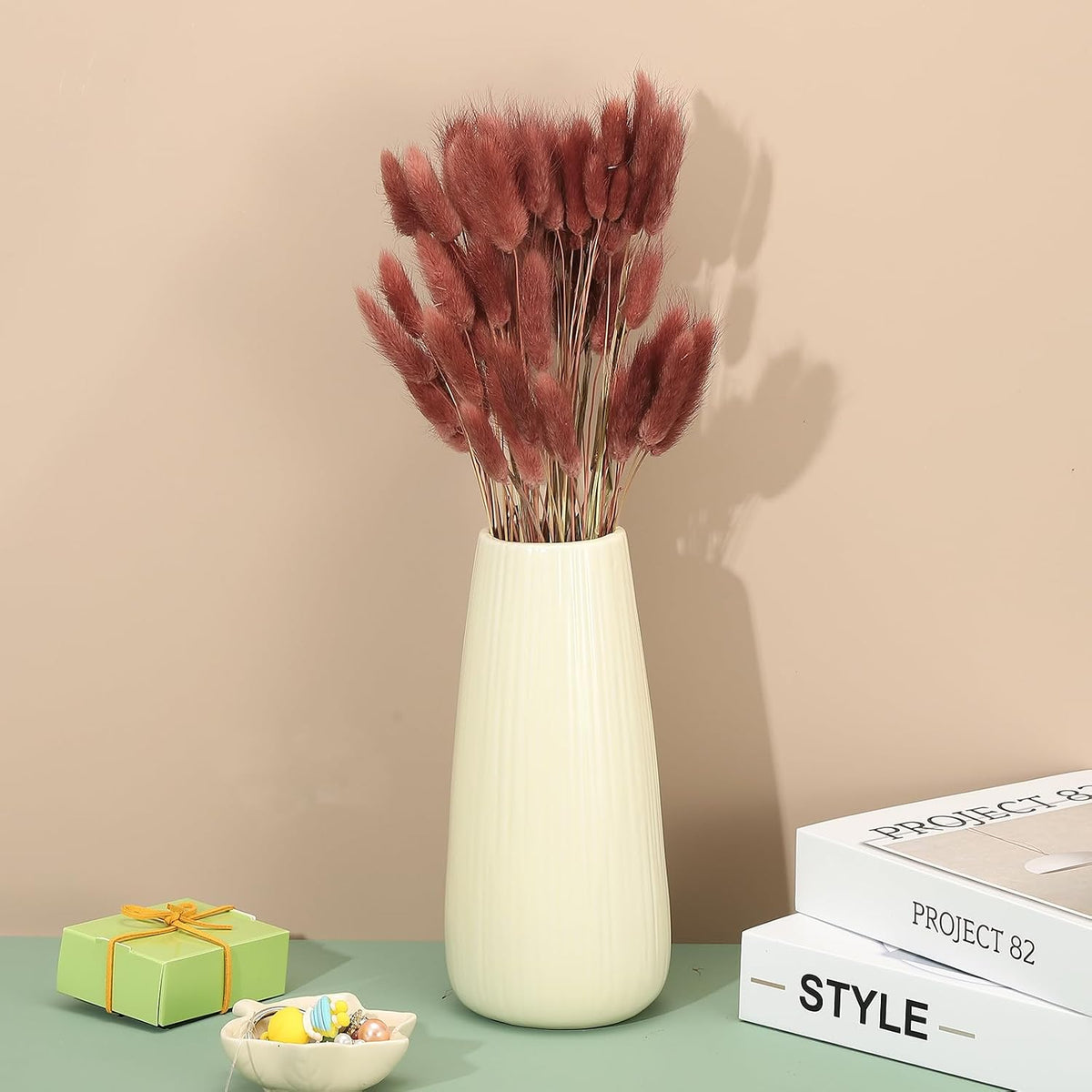 PATIKIL 15.7in Bunny Tails Dried Flowers, 150pcs Pampas Grass Decor Rabbit Tail Natural Pampas Grass Bulk Fluffy Faux Pampas Grass Dried for Home Boho Decor Vase Wedding, Brown Red