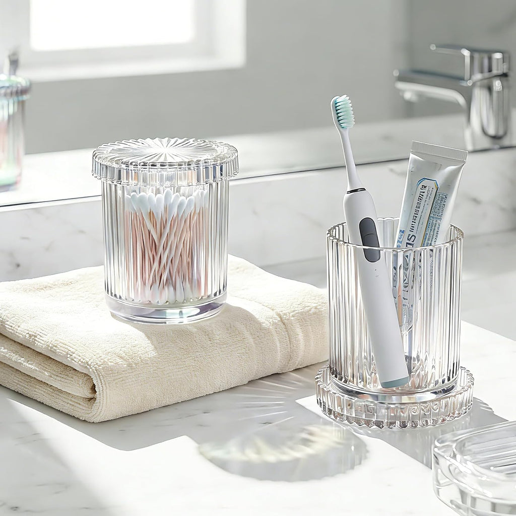 2‑Pack Clear Opalescent Glass Qtip Holder, Vanity & Bathroom Storage