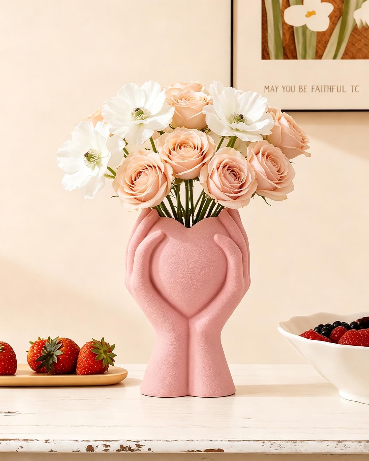 8 Inch Heart Hand White Ceramic Vase - Unique Modern Aesthetic Flowers Vase for Living Room Bedroom Office Kitchen Table Centerpiece or Shelf Decor - Gifts for Wedding Bridal Shower Women Mom (Pink)