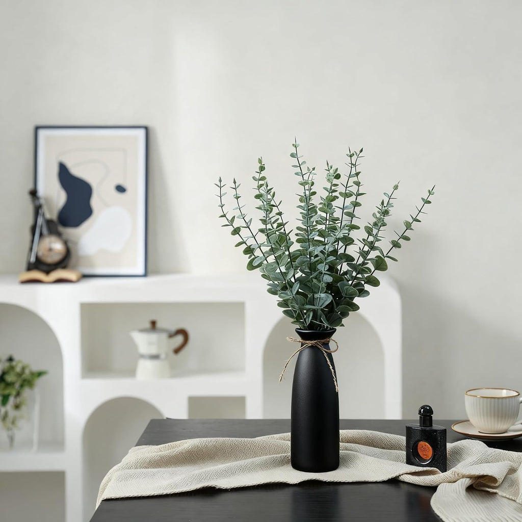 Vase with Greenery, 20pcs Artificial Eucalyptus Stems in Black Vase, Fake Plant Home Decor, 19" Decorative Faux Plants for Home Farmhouse Mantle Centerpiece Decor