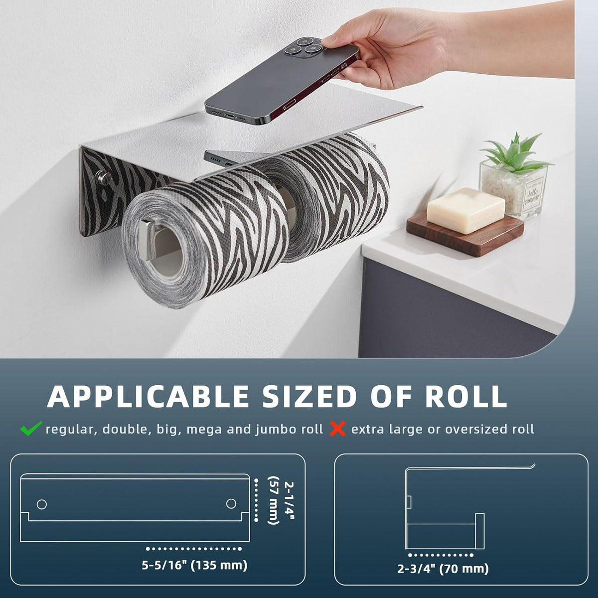 Angle Simple Double Toilet Paper Holder with Shelf, Polished Chrome