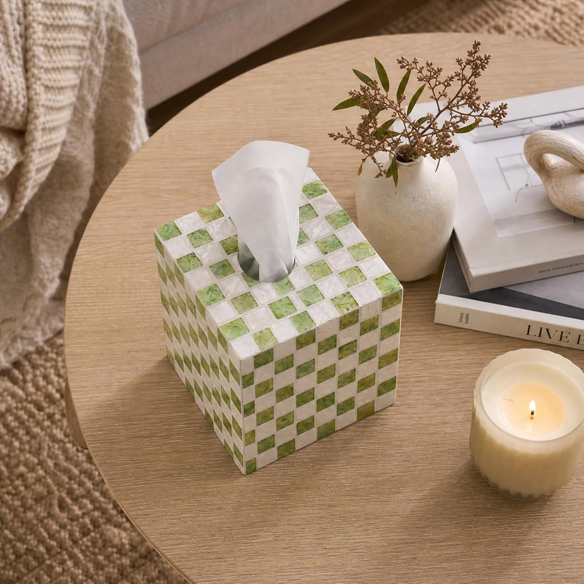 YANGQIHOME Capiz Shells Tissue Box Cover, Handmade Decorative Tissue Box Holder with Mother of Pearl, Square Facial Tissue Holder for Bathroom, Living Room, Kitchen, 5.5" x 5.5" x 5.9" (Green)