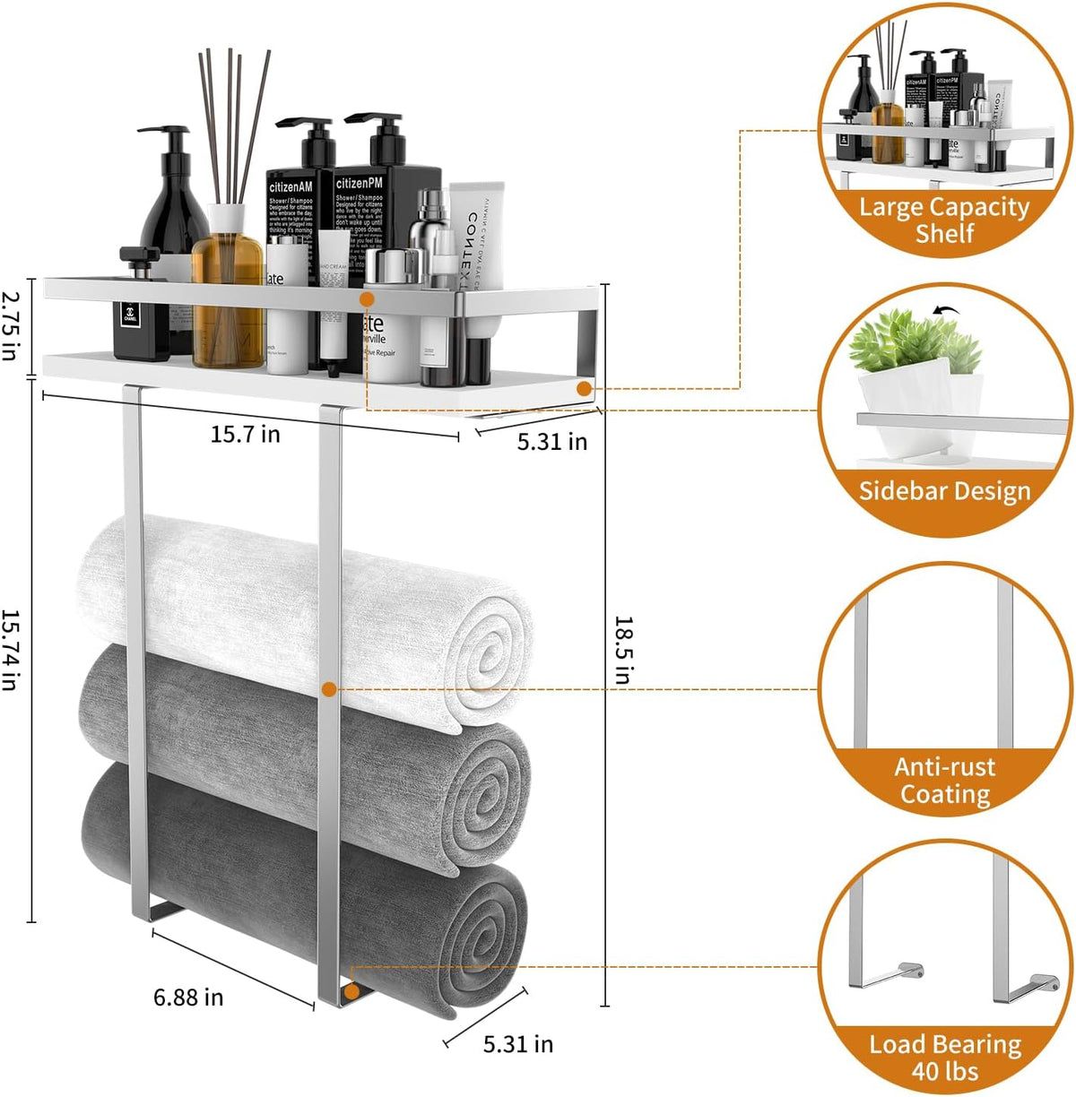 Towel Rack Wall Mounted, Xstydes Metal Towel Holder with Wooden Shelf for Folding Large Towels, Towel Storage for Small Bathroom Organizer Decor or RV Camping, Silver