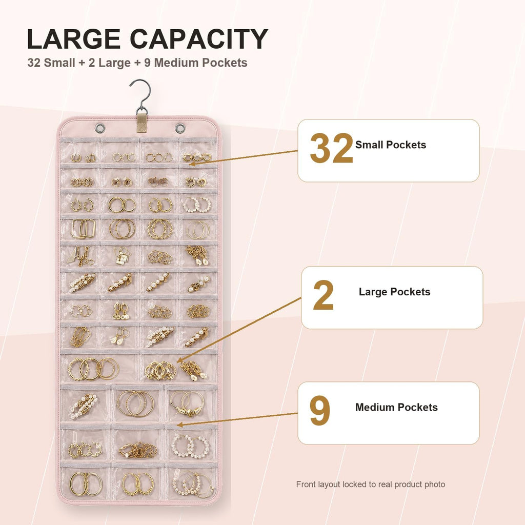 Hanging Jewelry Organizer, Dual-Sided Necklace Holder with Multiple Clear Pockets - Wall Mount & Over The Door Closet Storage for Earrings, Rings, Bracelets - 360° Rotating Hanger (1, pink, XL)