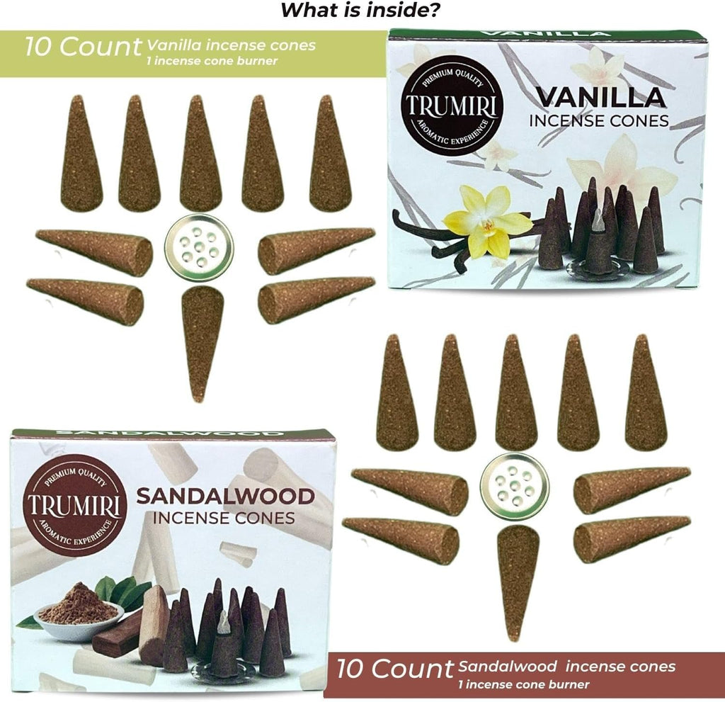 TRUMIRI Incense Cones - Combo Pack of 20 Cone Incense - 10 Vanilla + 10 Sandalwood - Insence Cones - Incense Cones Scented - Cone Incense Scents - Insense Cones - Incent Cone
